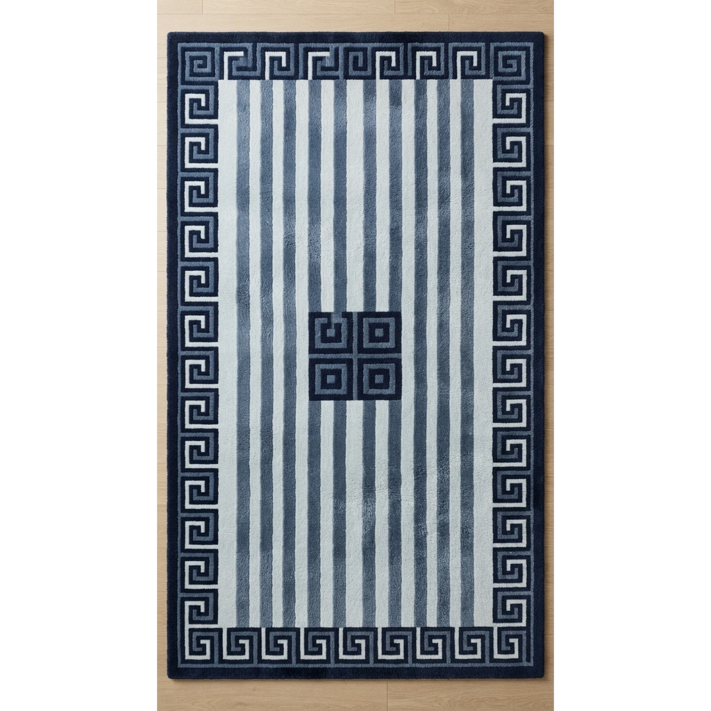 Navy and Ivory Striped Hand-Tufted Runner with Greek Key Border - studio photo