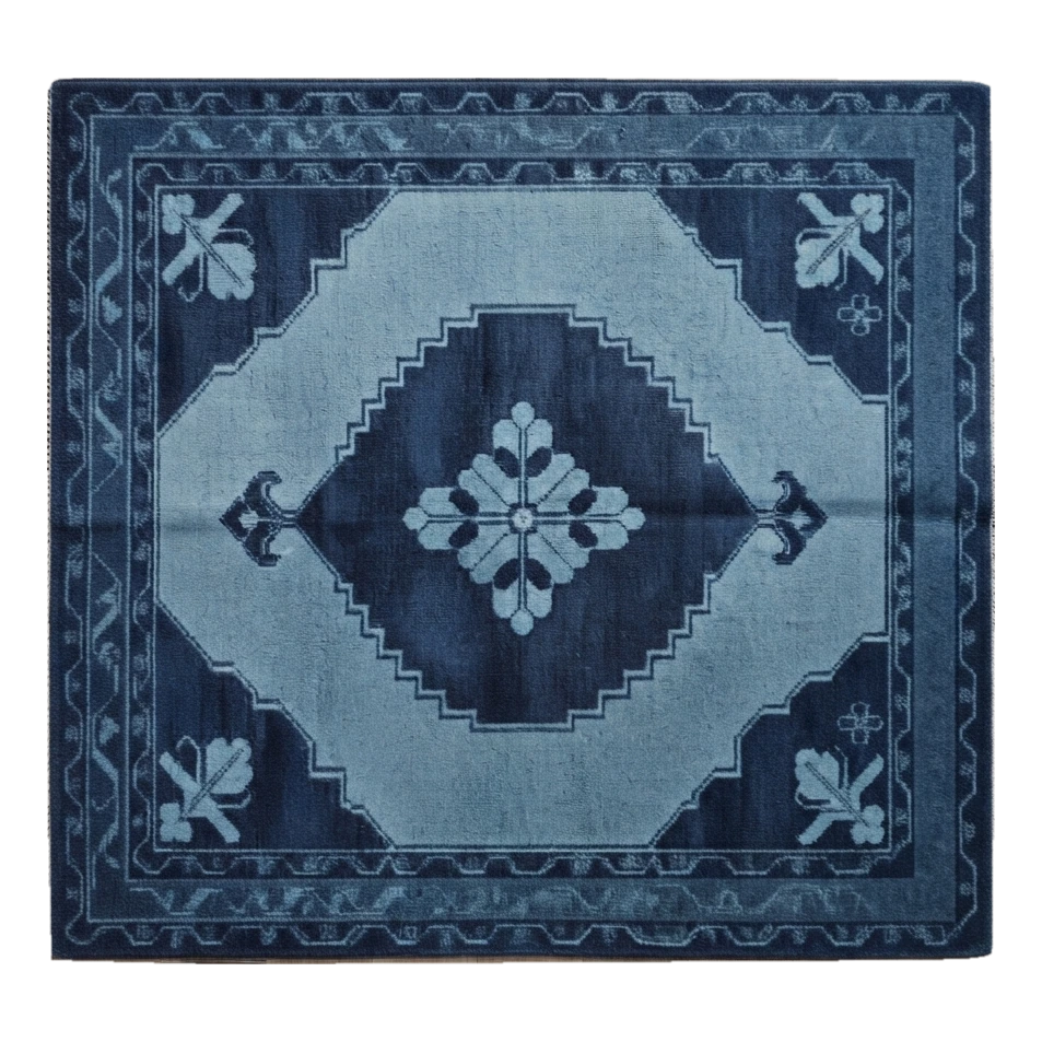 Navy and Sky Blue Diamond Medallion Hand-Knotted Rug - alternate view