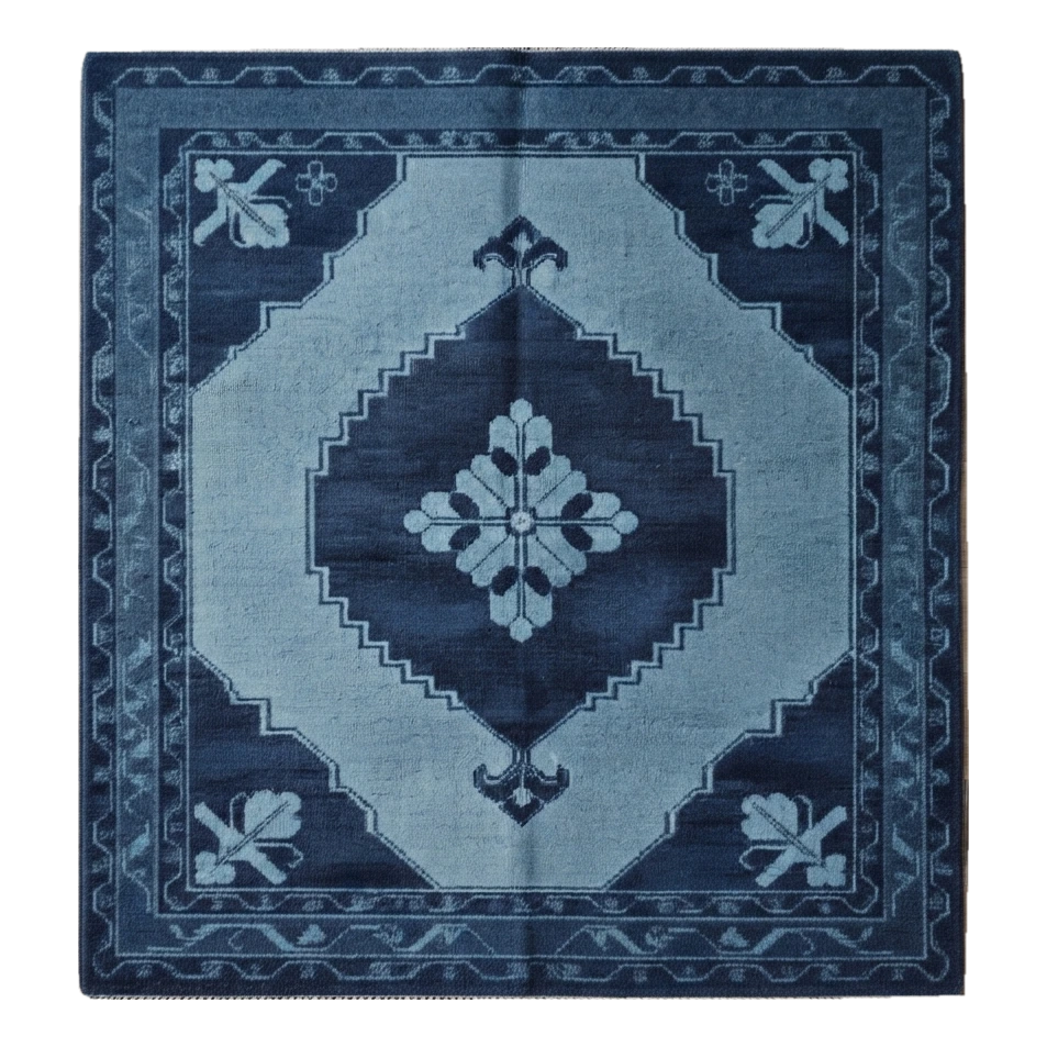 Navy and Sky Blue Diamond Medallion Hand-Knotted Rug