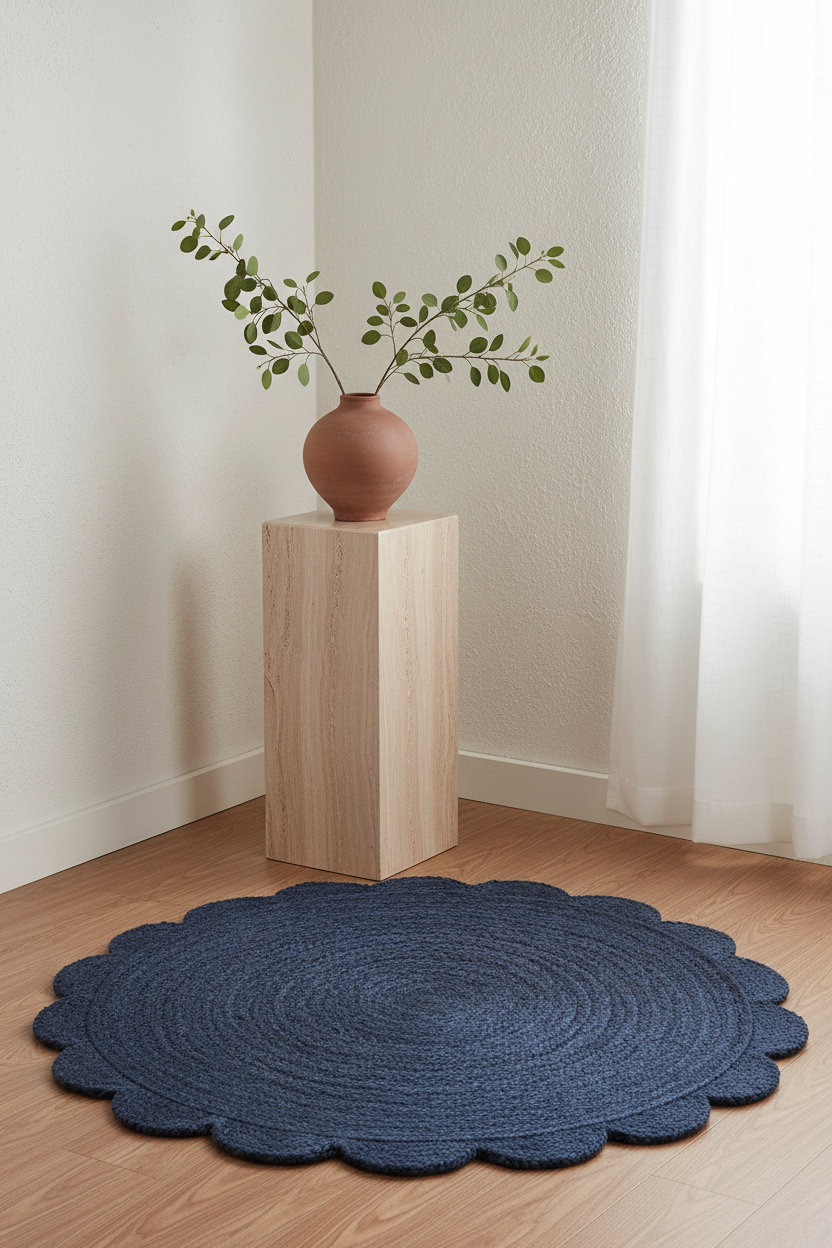 A round braided rug in a deep navy blue color with a scalloped edge, styled on a light wood floor next to a wooden pedestal holding a terracotta vase with green branches.