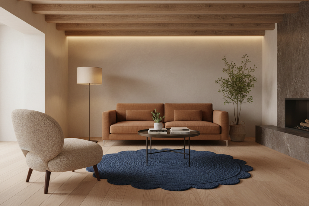 A modern living room scene featuring a round navy blue scalloped area rug under a black coffee table, paired with a brown sofa and a textured beige armchair in a warm, minimalist interior.