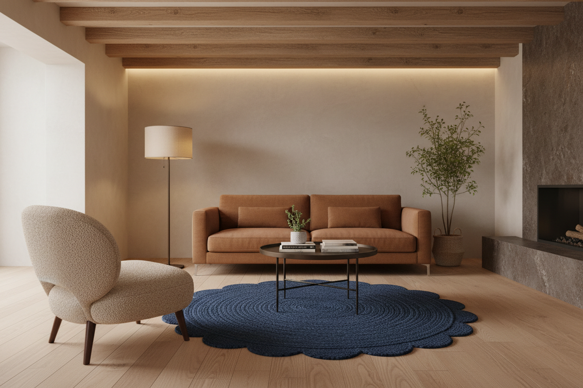 A modern living room scene featuring a round navy blue scalloped area rug under a black coffee table, paired with a brown sofa and a textured beige armchair in a warm, minimalist interior.