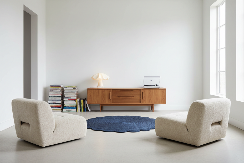 A minimalist living room scene featuring two cream boucle armchairs facing each other, a mid-century wooden credenza, a blue scalloped area rug, and a small table lamp against a white wall.