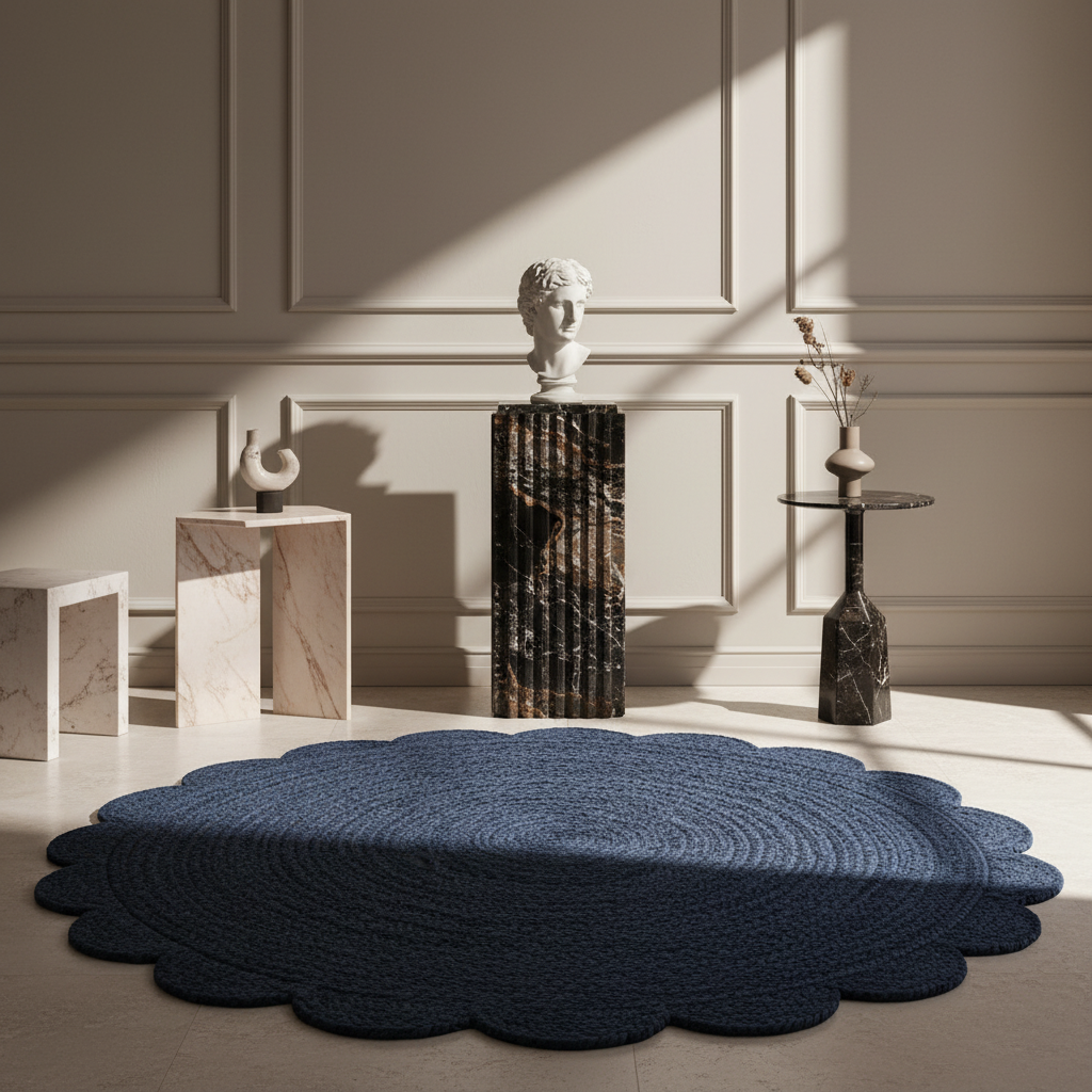 A dark navy blue scalloped area rug with a textured braided pattern, styled in a modern, elegant room with beige walls, marble pedestals, and dramatic sunlight casting shadows.