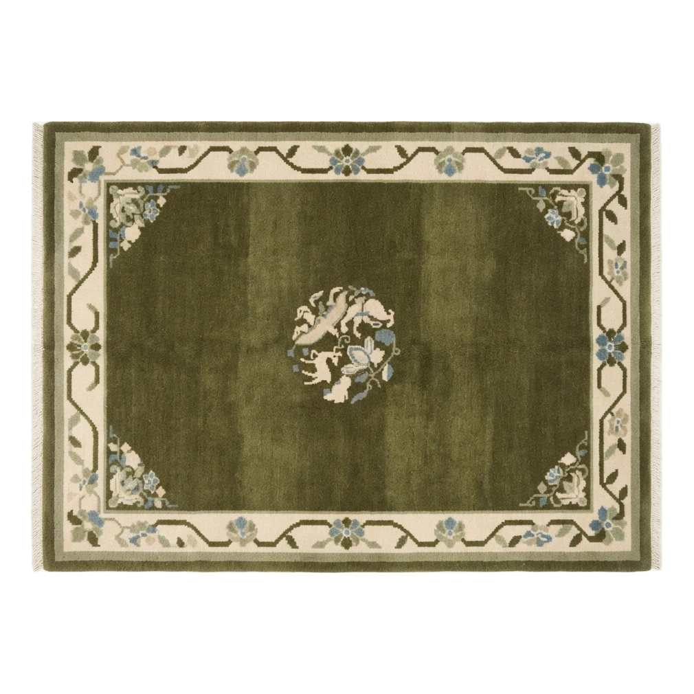 Olive Green Chinese Art Deco Hand-Knotted Rug with Ivory Floral Border - alternate view