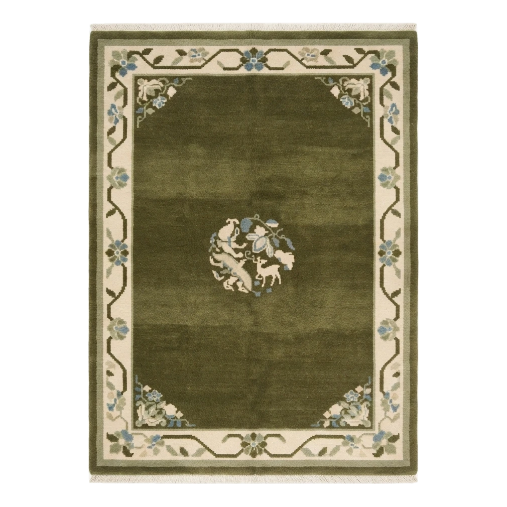 Olive Green Chinese Art Deco Hand-Knotted Rug with Ivory Floral Border