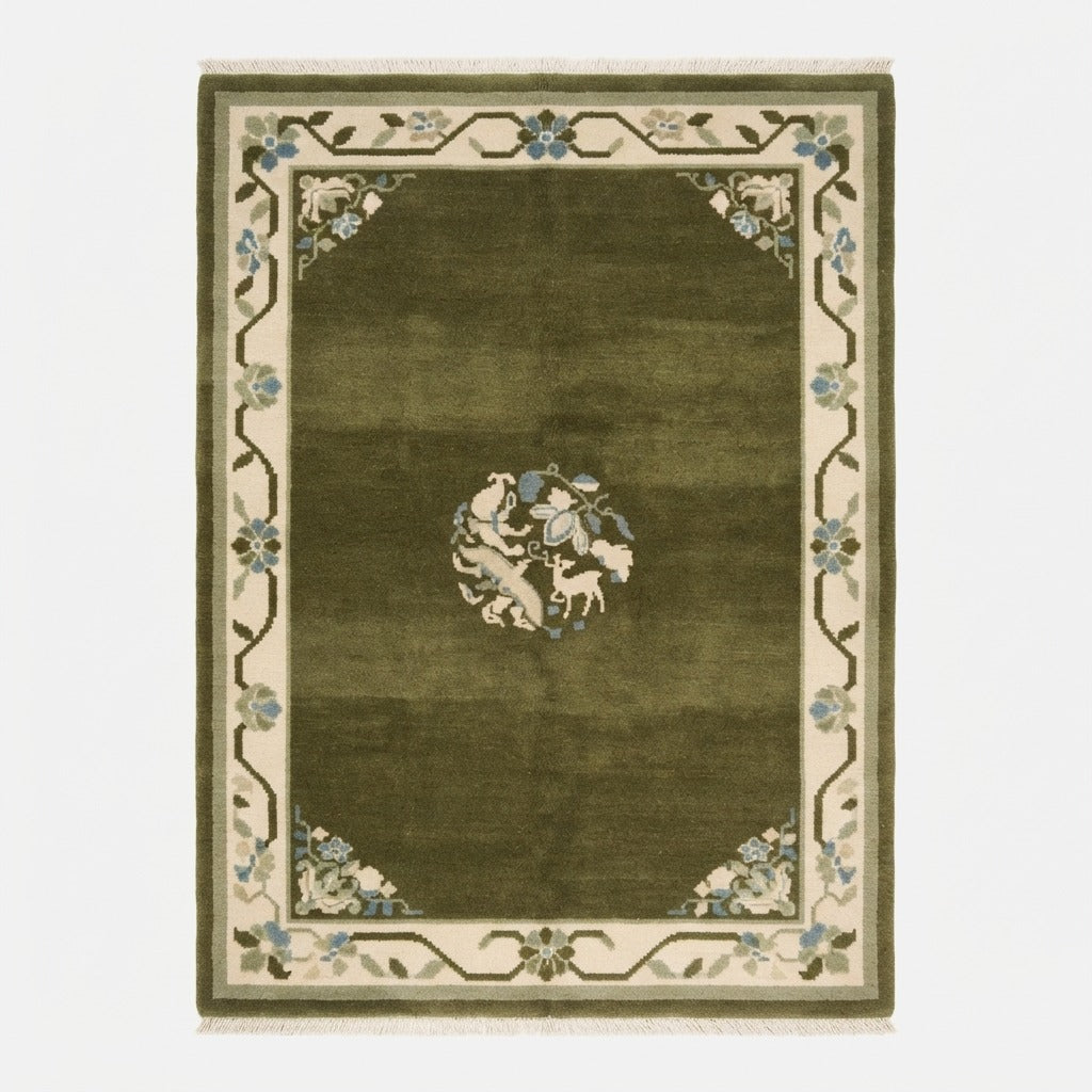 Olive Green Chinese Art Deco Hand-Knotted Rug with Ivory Floral Border - studio photo