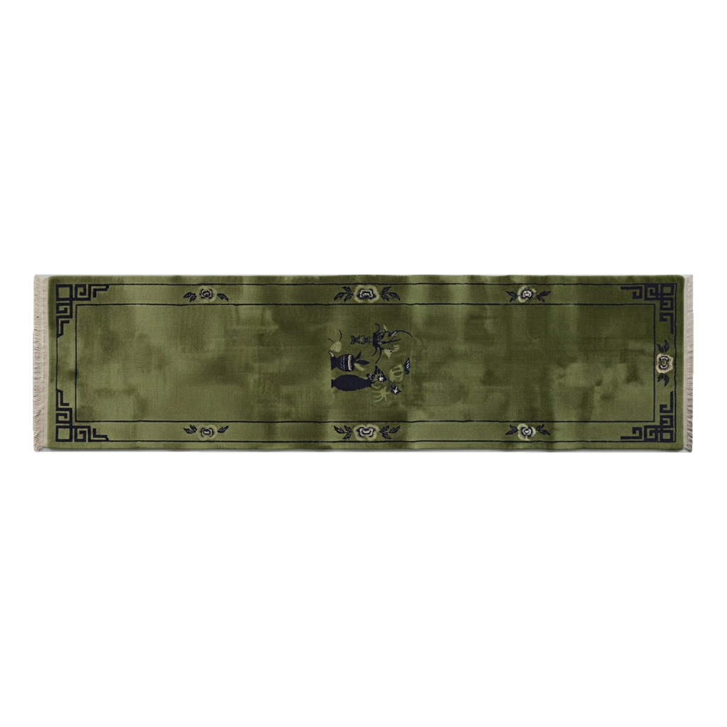Olive Green Chinese Art Deco Hand-Knotted Runner with Charcoal Vase - alternate view