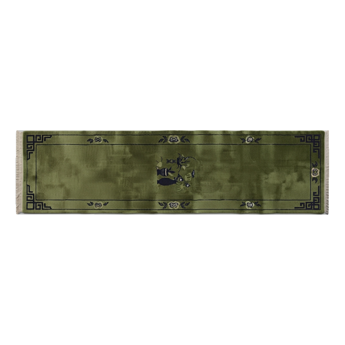 Olive Green Chinese Art Deco Hand-Knotted Runner with Charcoal Vase - alternate view