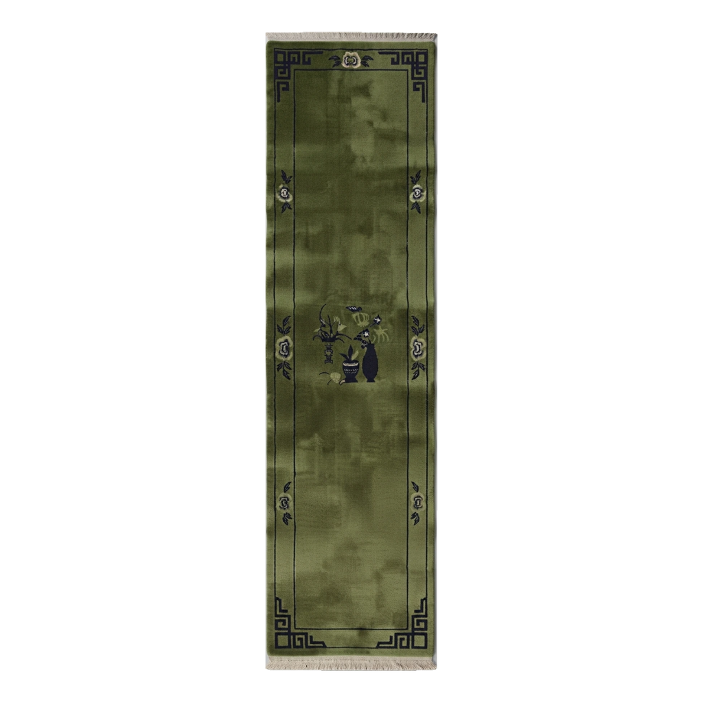 Olive Green Chinese Art Deco Hand-Knotted Runner with Charcoal Vase