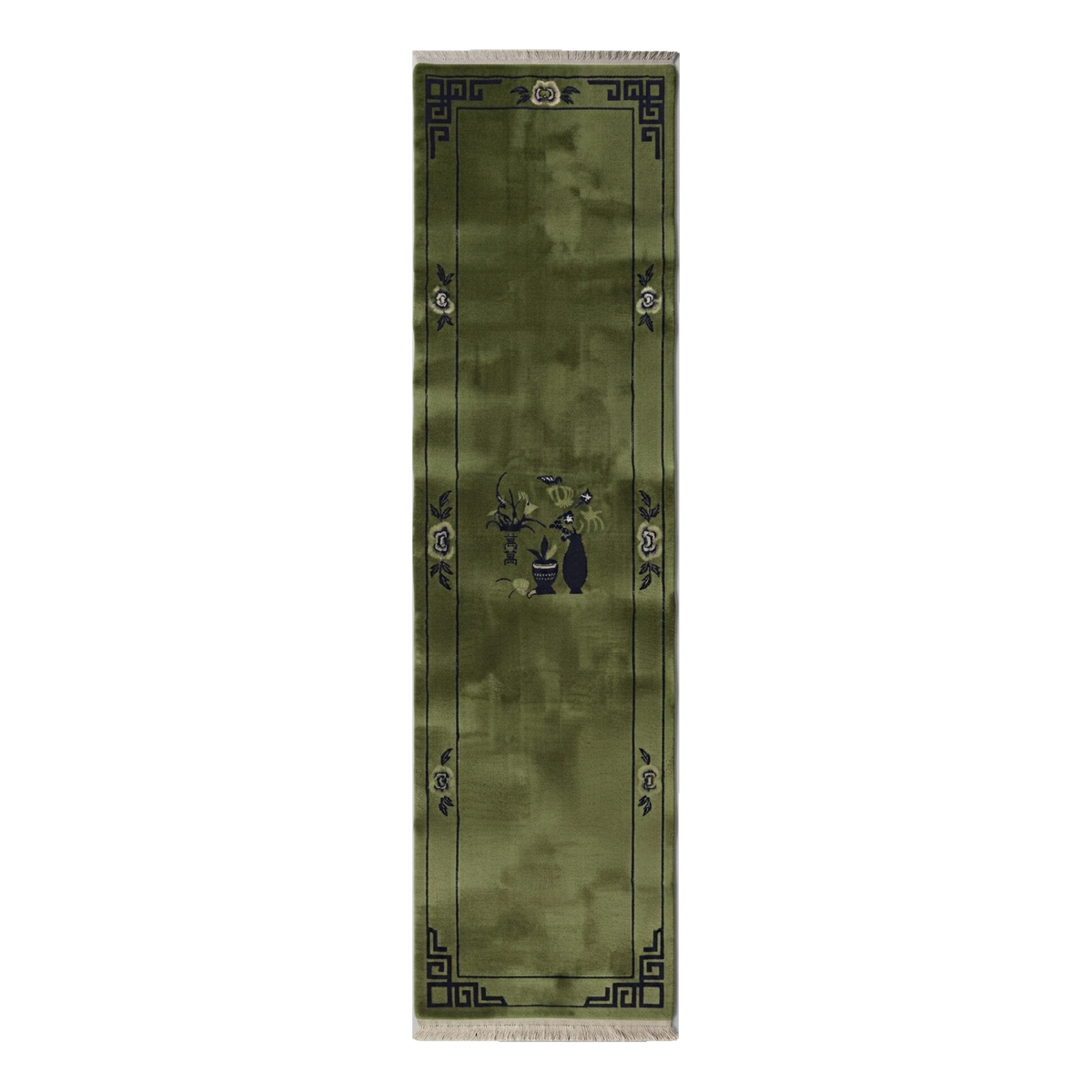 Olive Green Chinese Art Deco Hand-Knotted Runner with Charcoal Vase
