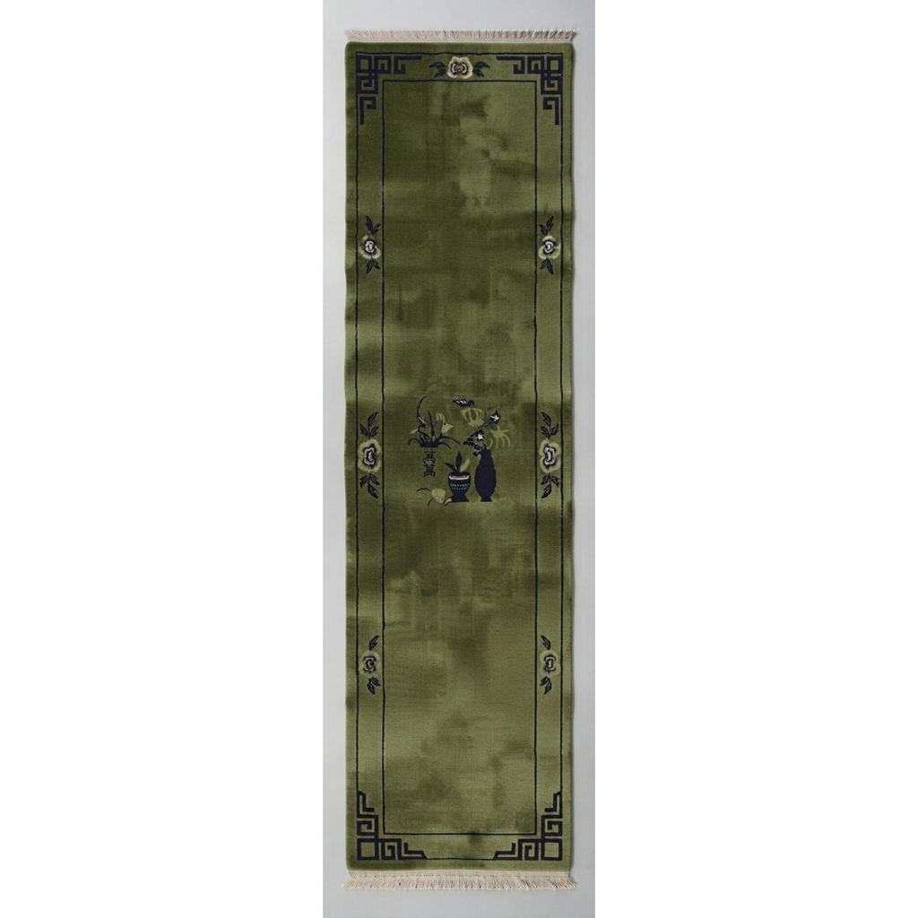 Olive Green Chinese Art Deco Hand-Knotted Runner with Charcoal Vase - studio photo
