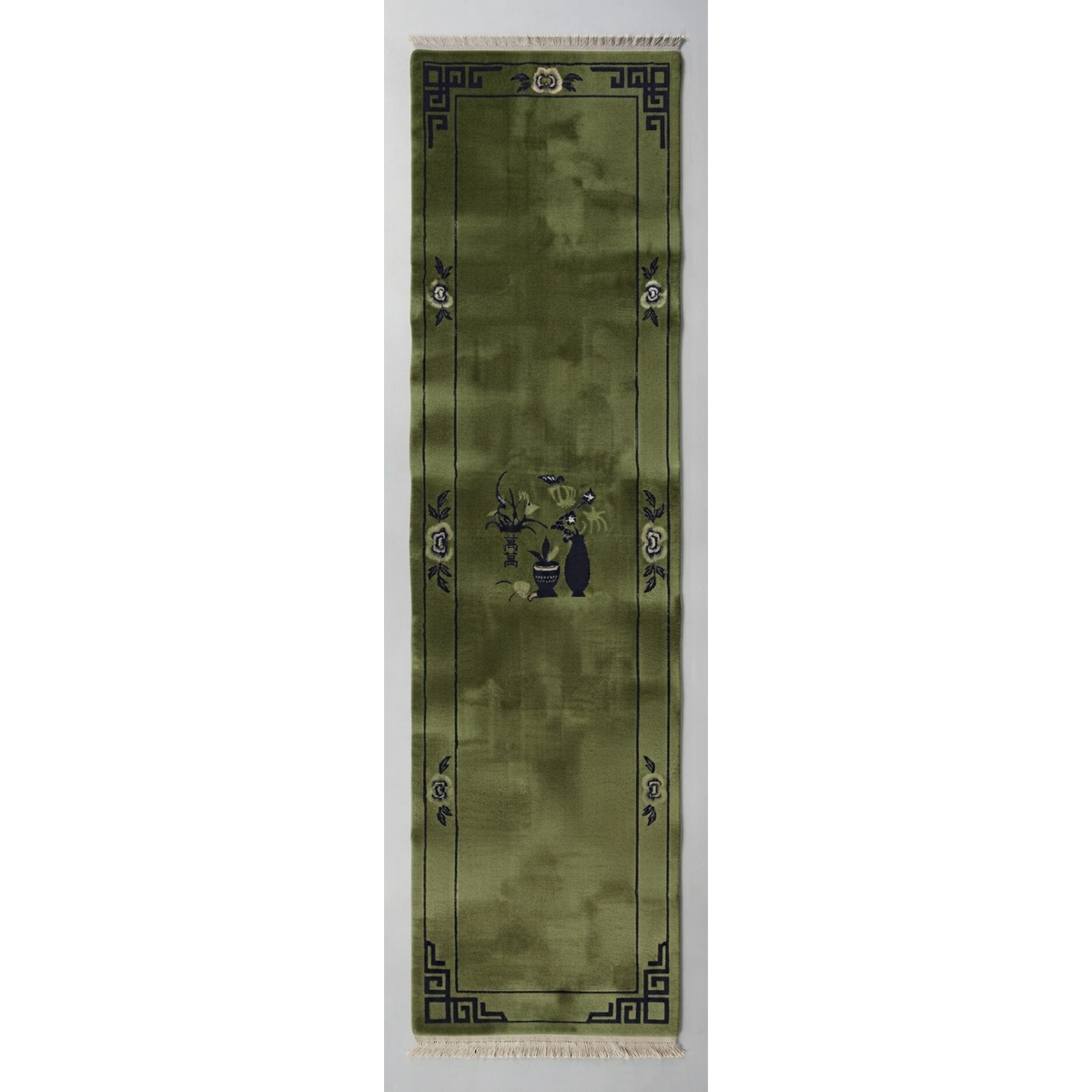 Olive Green Chinese Art Deco Hand-Knotted Runner with Charcoal Vase - studio photo