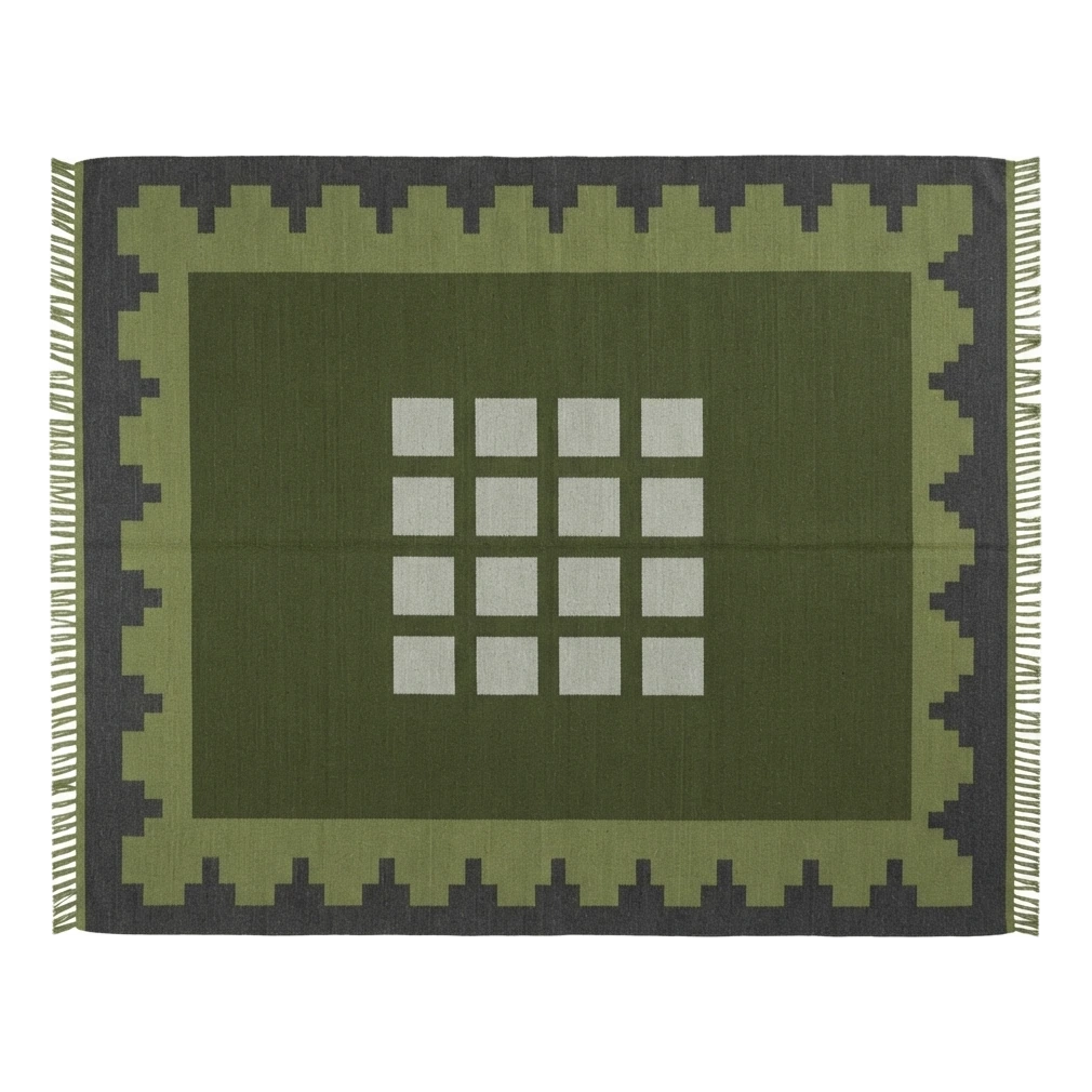 Olive Green Cotton Flat Weave Rug with Charcoal Stepped Border - alternate view