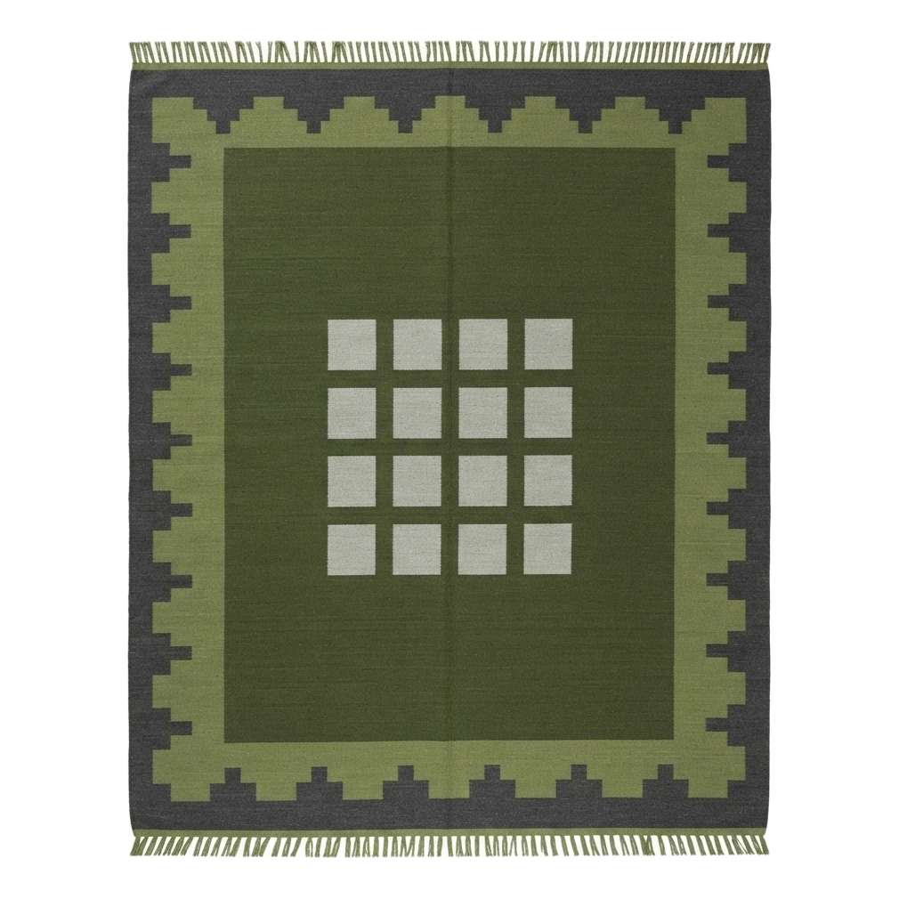Olive Green Cotton Flat Weave Rug with Charcoal Stepped Border