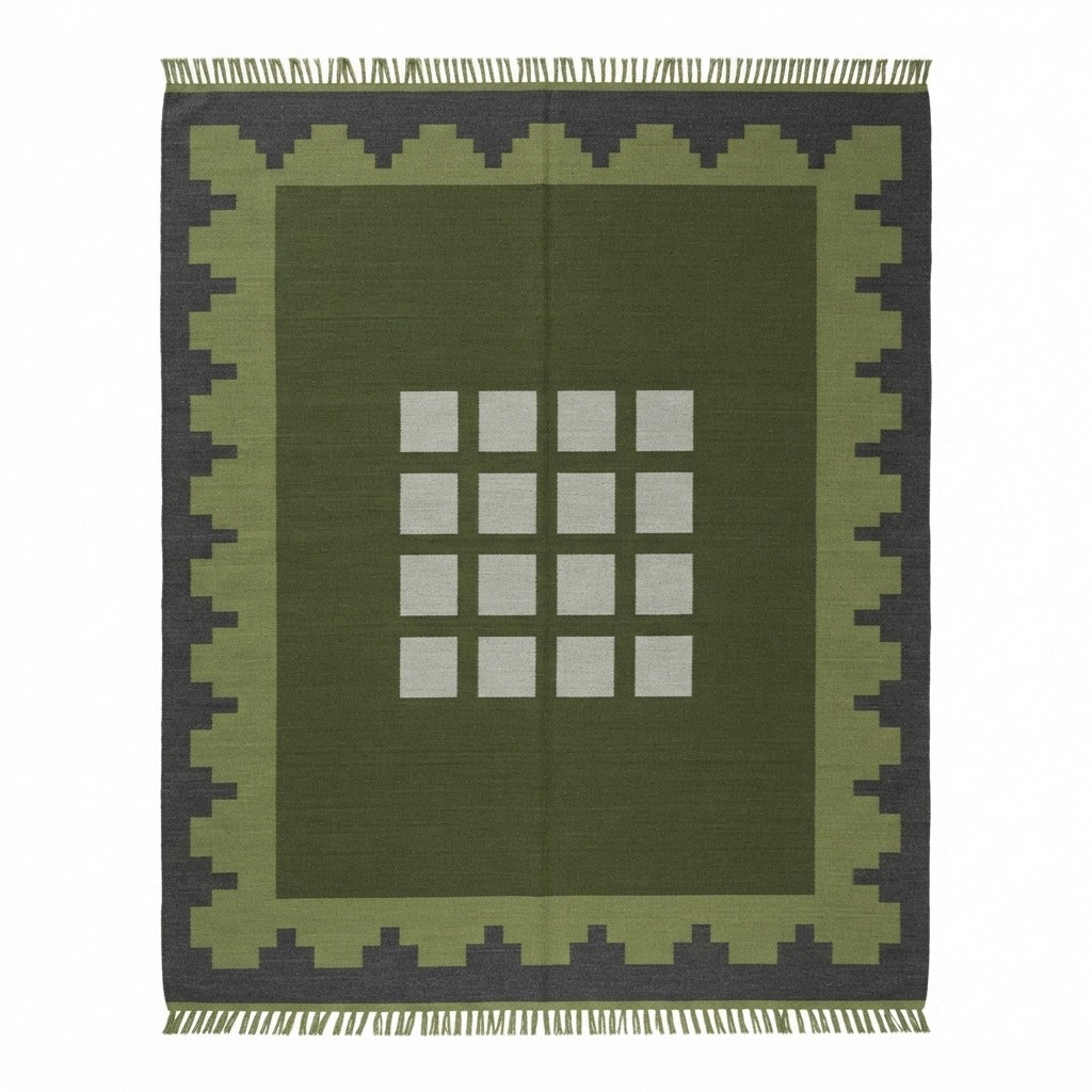 Olive Green Cotton Flat Weave Rug with Charcoal Stepped Border - studio photo