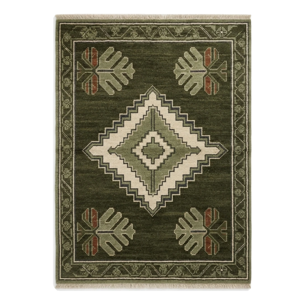 Olive Green Diamond Medallion Hand-Knotted Rug with Palm Motifs - alternate view