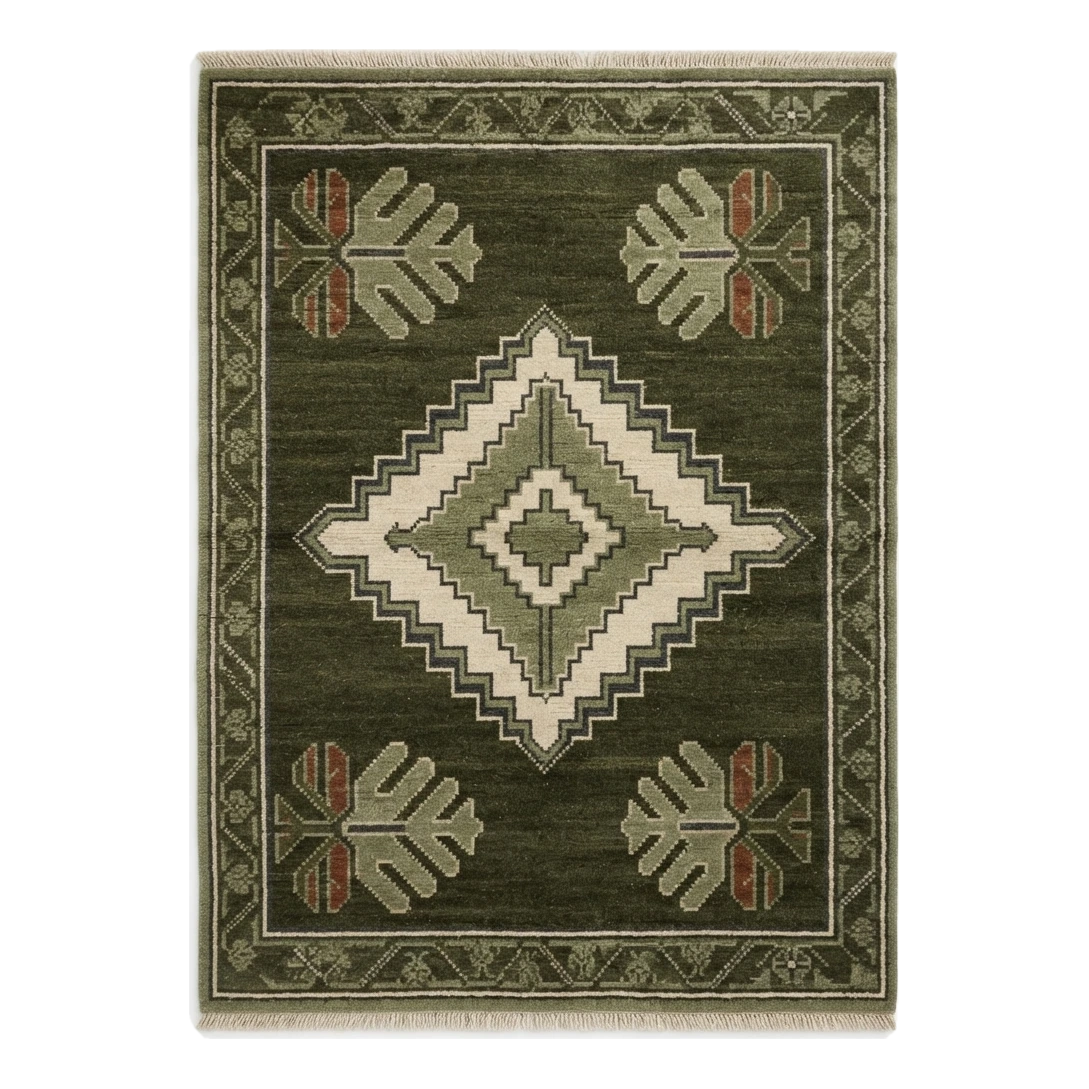 Olive Green Diamond Medallion Hand-Knotted Rug with Palm Motifs - alternate view