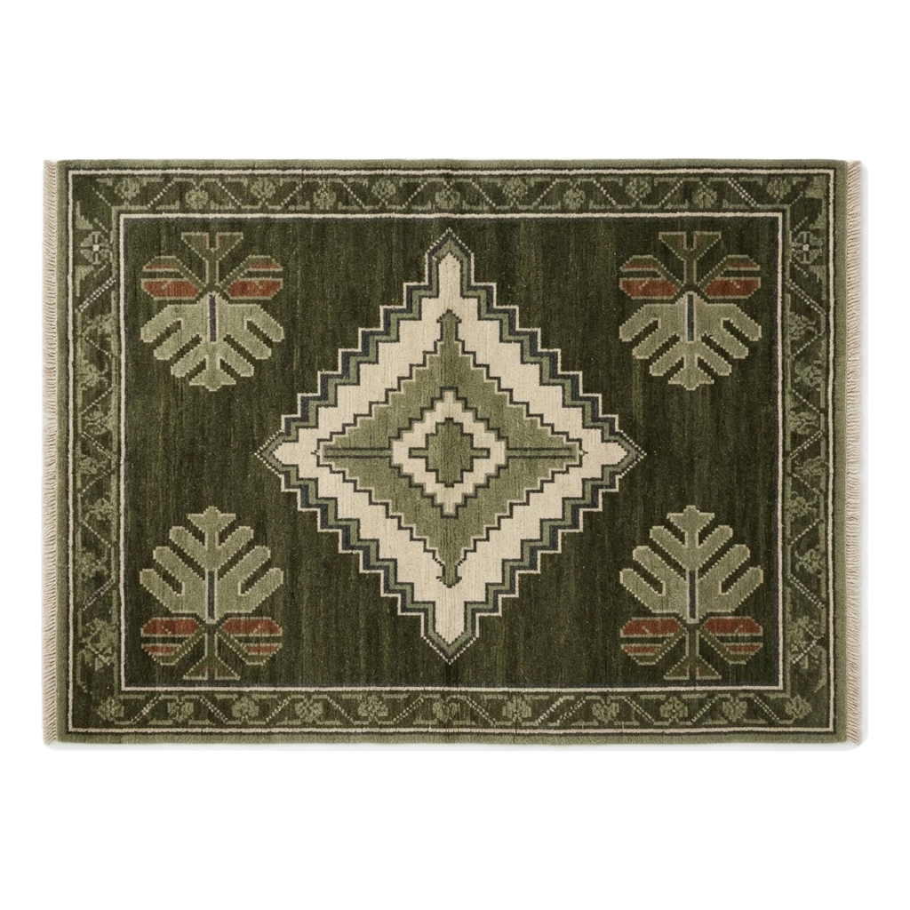 Olive Green Diamond Medallion Hand-Knotted Rug with Palm Motifs
