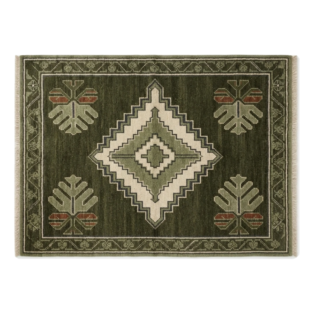Olive Green Diamond Medallion Hand-Knotted Rug with Palm Motifs