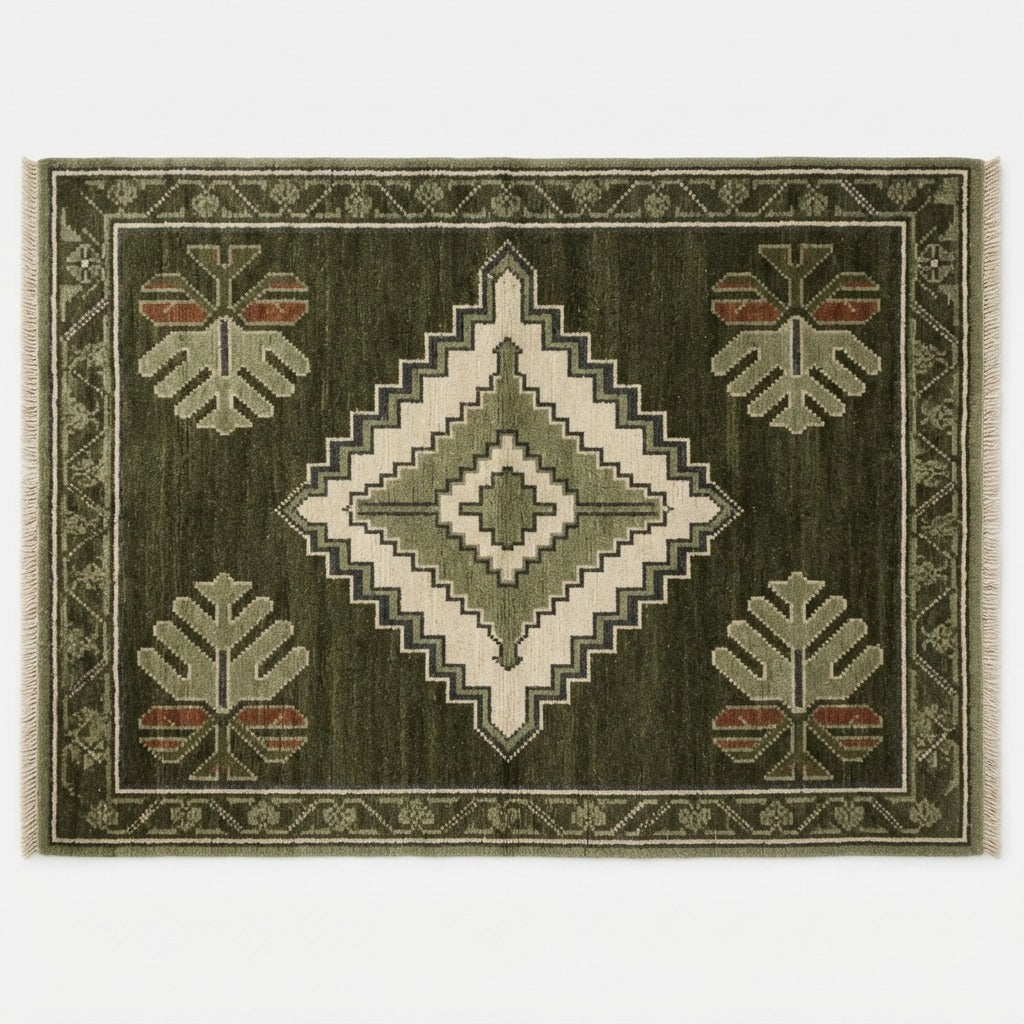 Olive Green Diamond Medallion Hand-Knotted Rug with Palm Motifs - studio photo