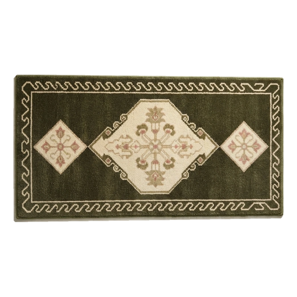 Olive Green Diamond Medallion Hand-Tufted Runner with Blush Accents - alternate view