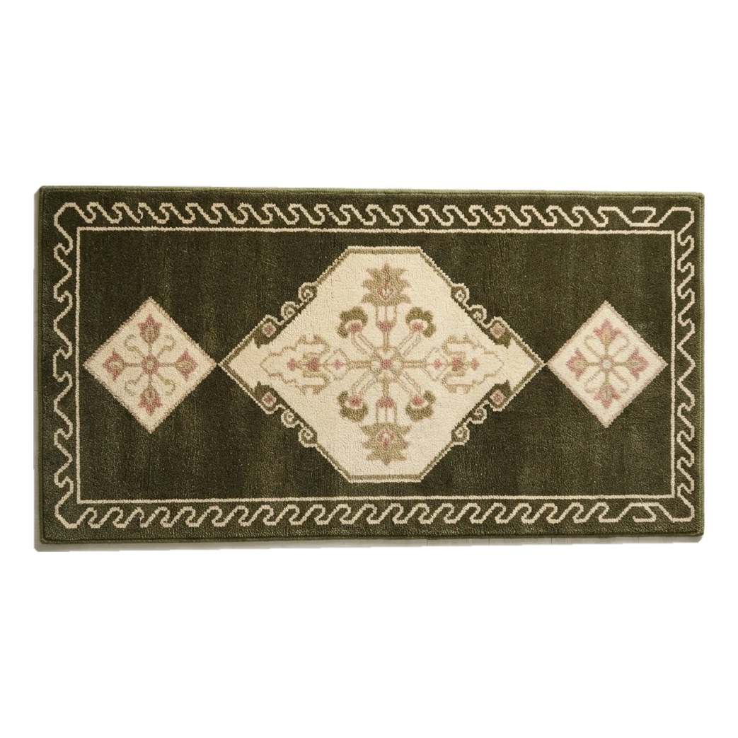 Olive Green Diamond Medallion Hand-Tufted Runner with Blush Accents - alternate view