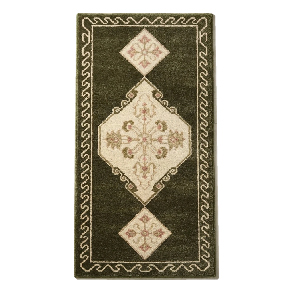 Olive Green Diamond Medallion Hand-Tufted Runner with Blush Accents