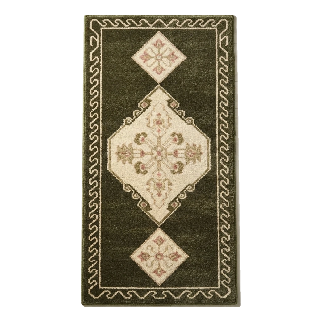 Olive Green Diamond Medallion Hand-Tufted Runner with Blush Accents