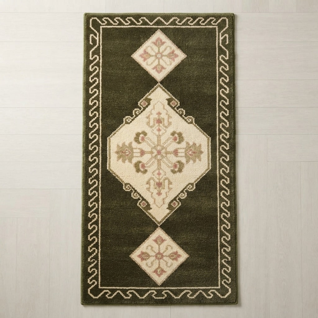 Olive Green Diamond Medallion Hand-Tufted Runner with Blush Accents - studio photo