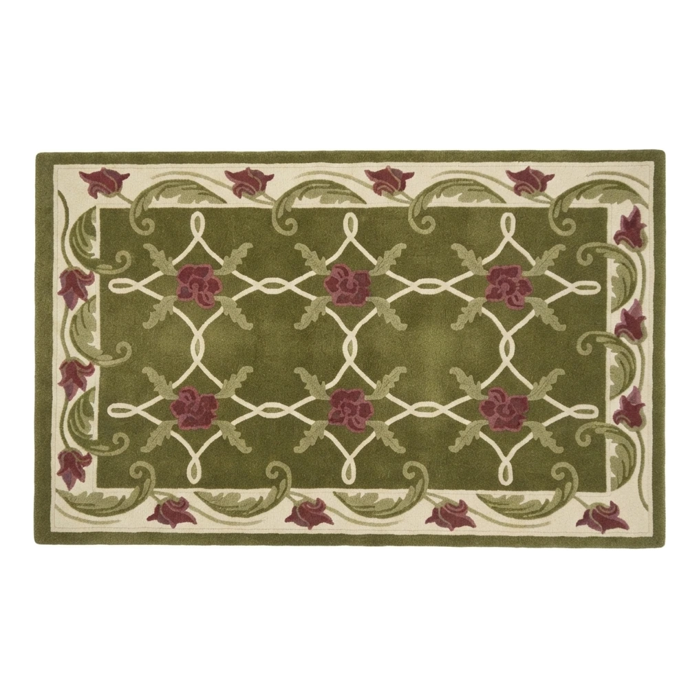 Olive Green Floral Trellis Hand-Tufted Rug with Cream Leaf Border - alternate view