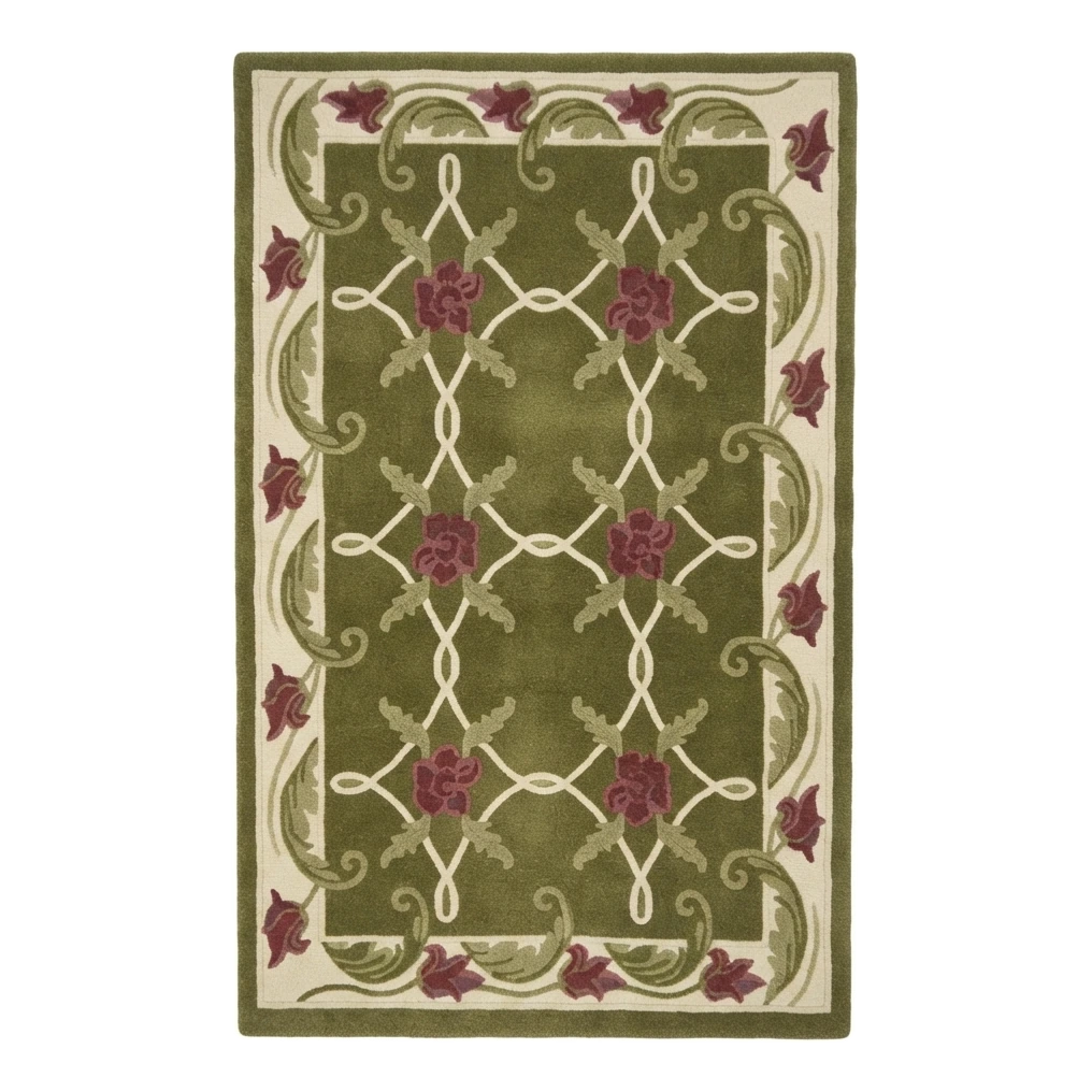 Olive Green Floral Trellis Hand-Tufted Rug with Cream Leaf Border