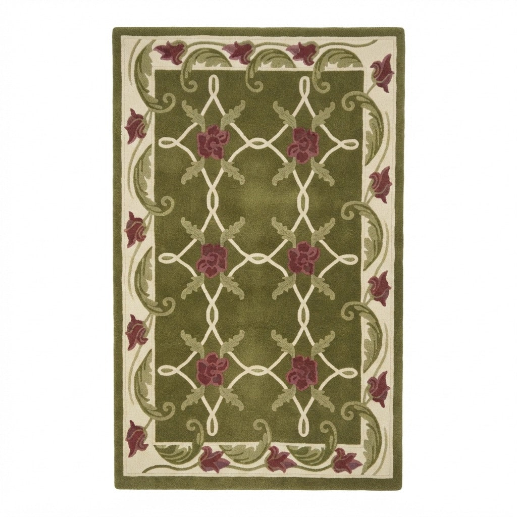 Olive Green Floral Trellis Hand-Tufted Rug with Cream Leaf Border - studio photo