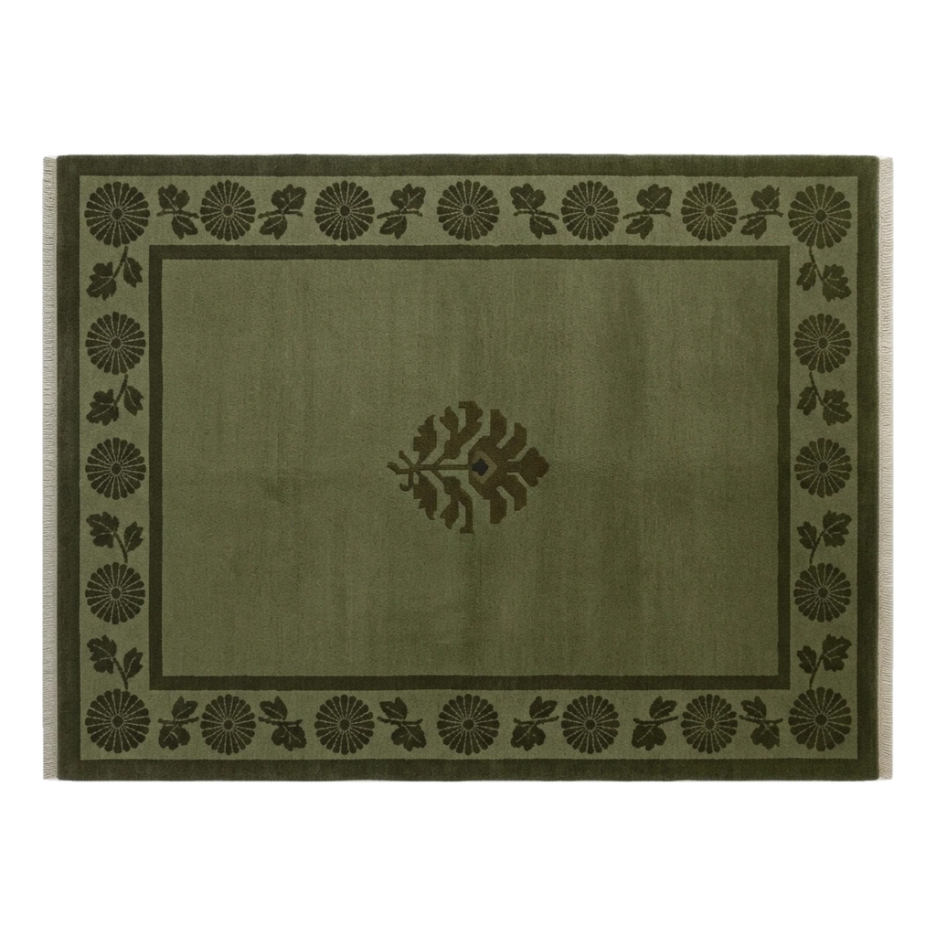 Olive Green Hand-Knotted Rug with Chrysanthemum Border and Palmette - alternate view