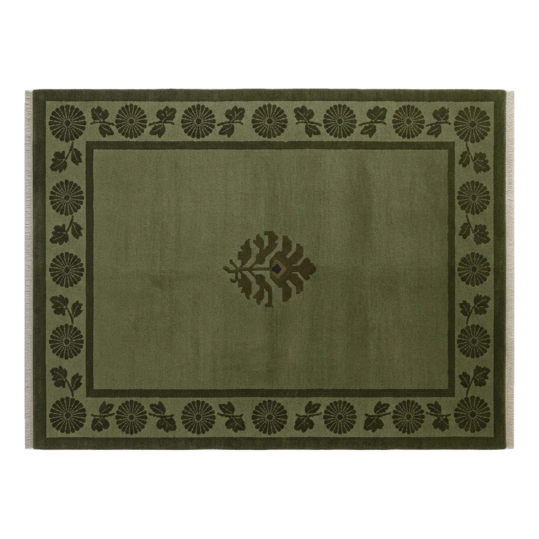 Olive Green Hand-Knotted Rug with Chrysanthemum Border and Palmette - alternate view