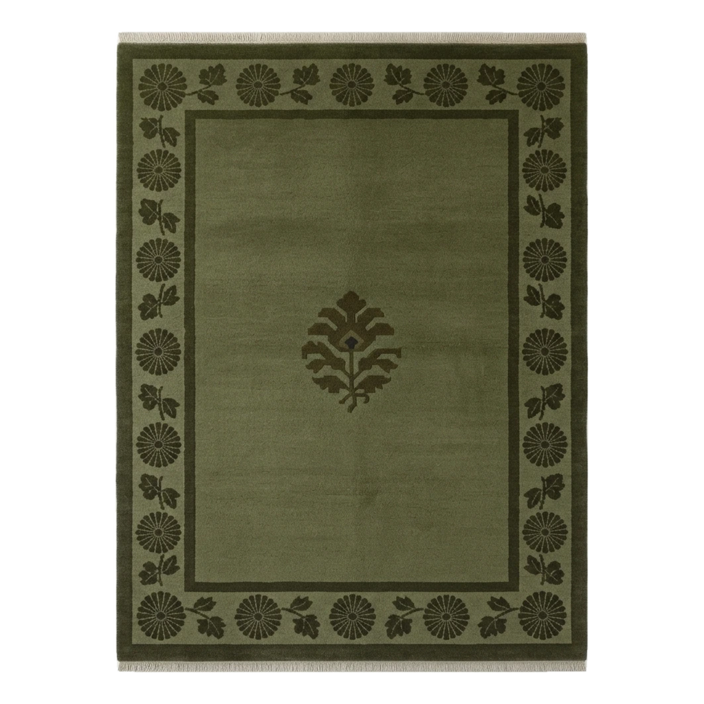 Olive Green Hand-Knotted Rug with Chrysanthemum Border and Palmette