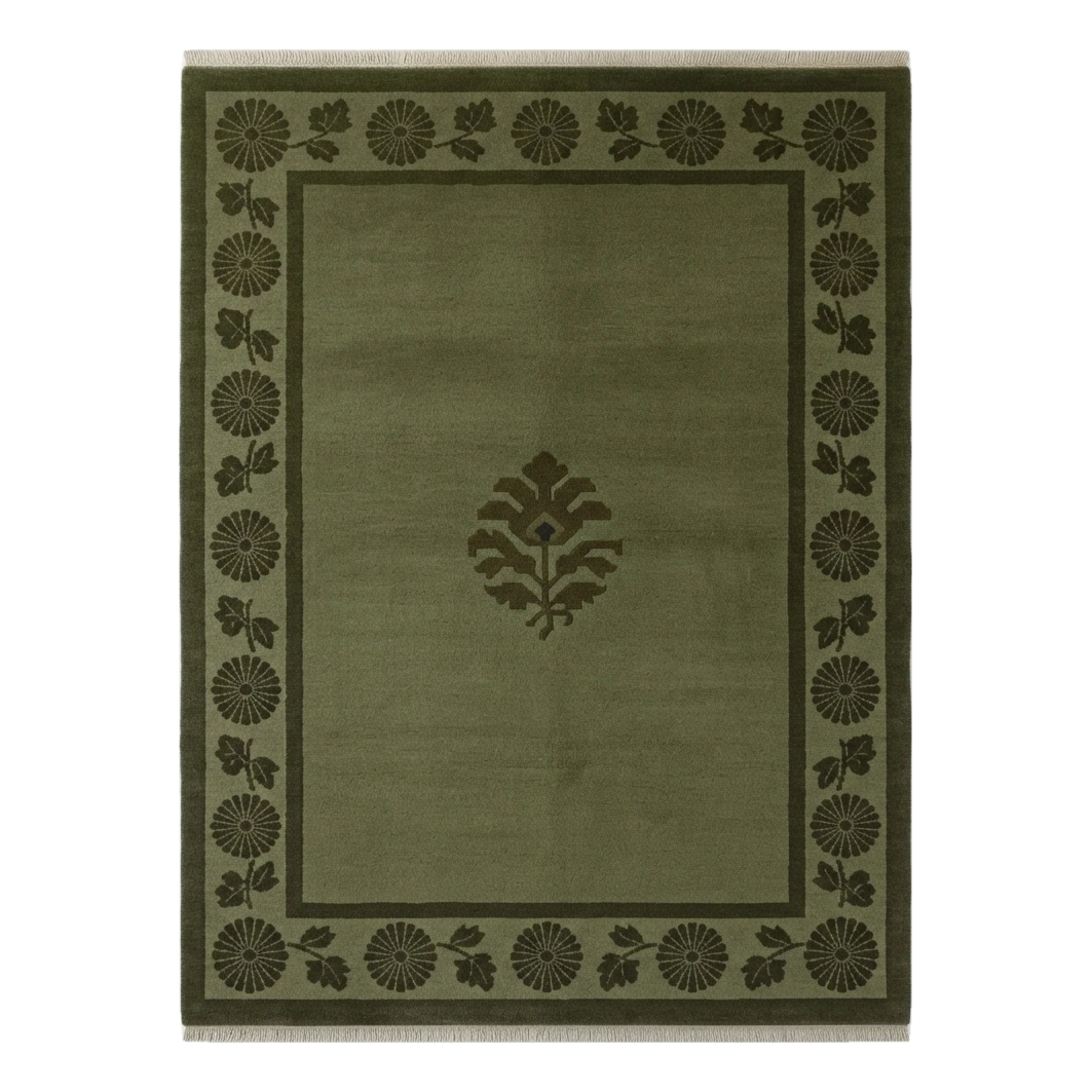 Olive Green Hand-Knotted Rug with Chrysanthemum Border and Palmette
