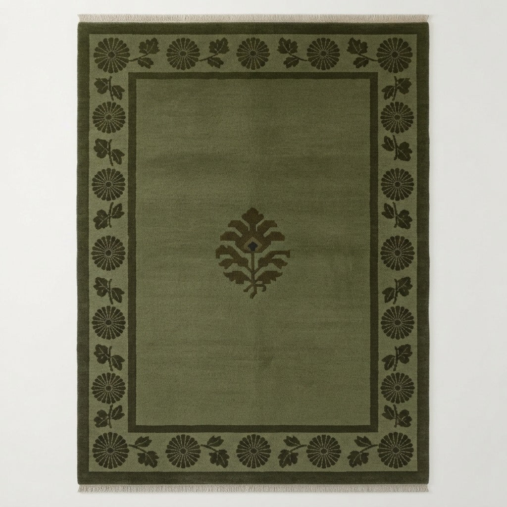 Olive Green Hand-Knotted Rug with Chrysanthemum Border and Palmette - studio photo