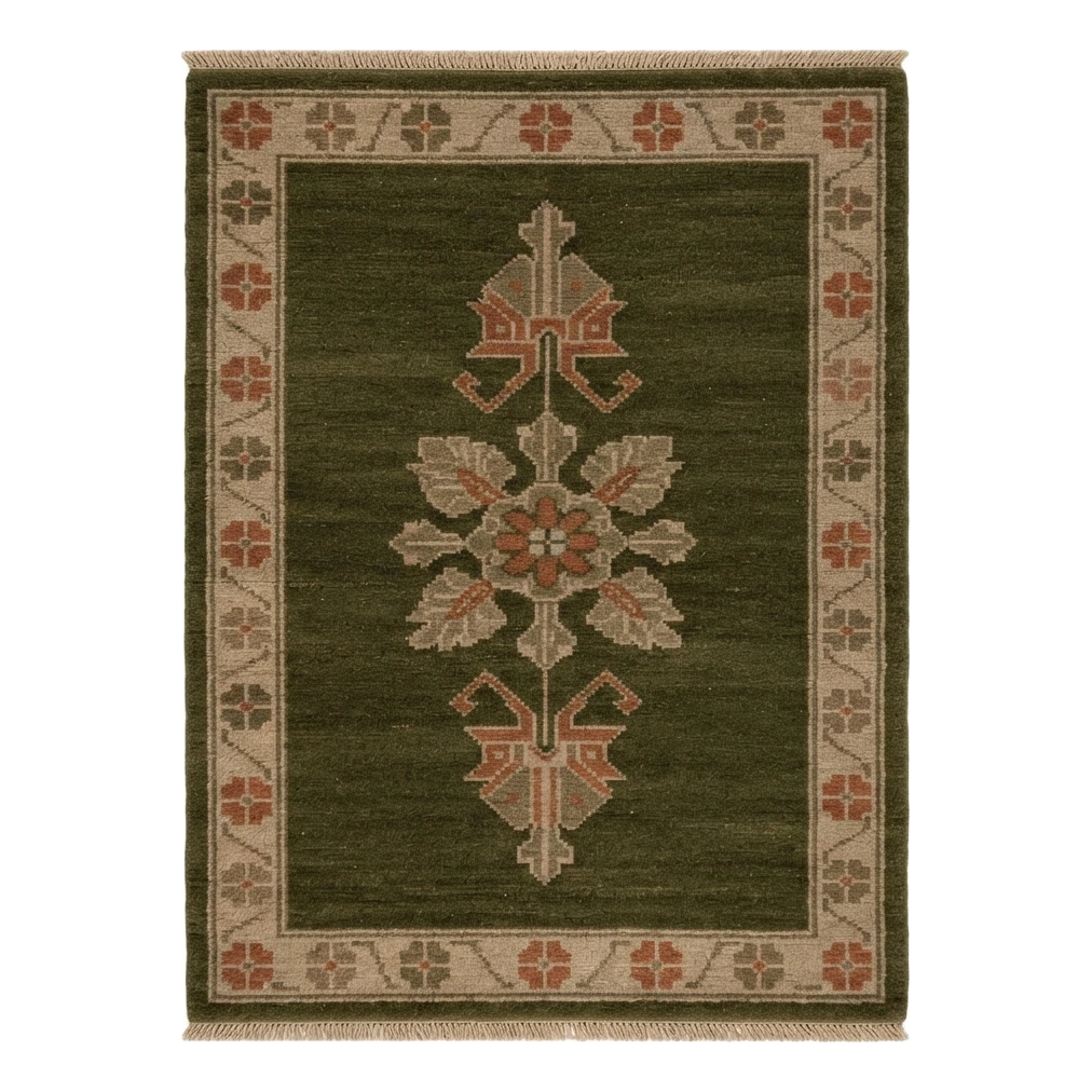 Olive Green Hand-Knotted Rug with Rust Floral Medallion - alternate view