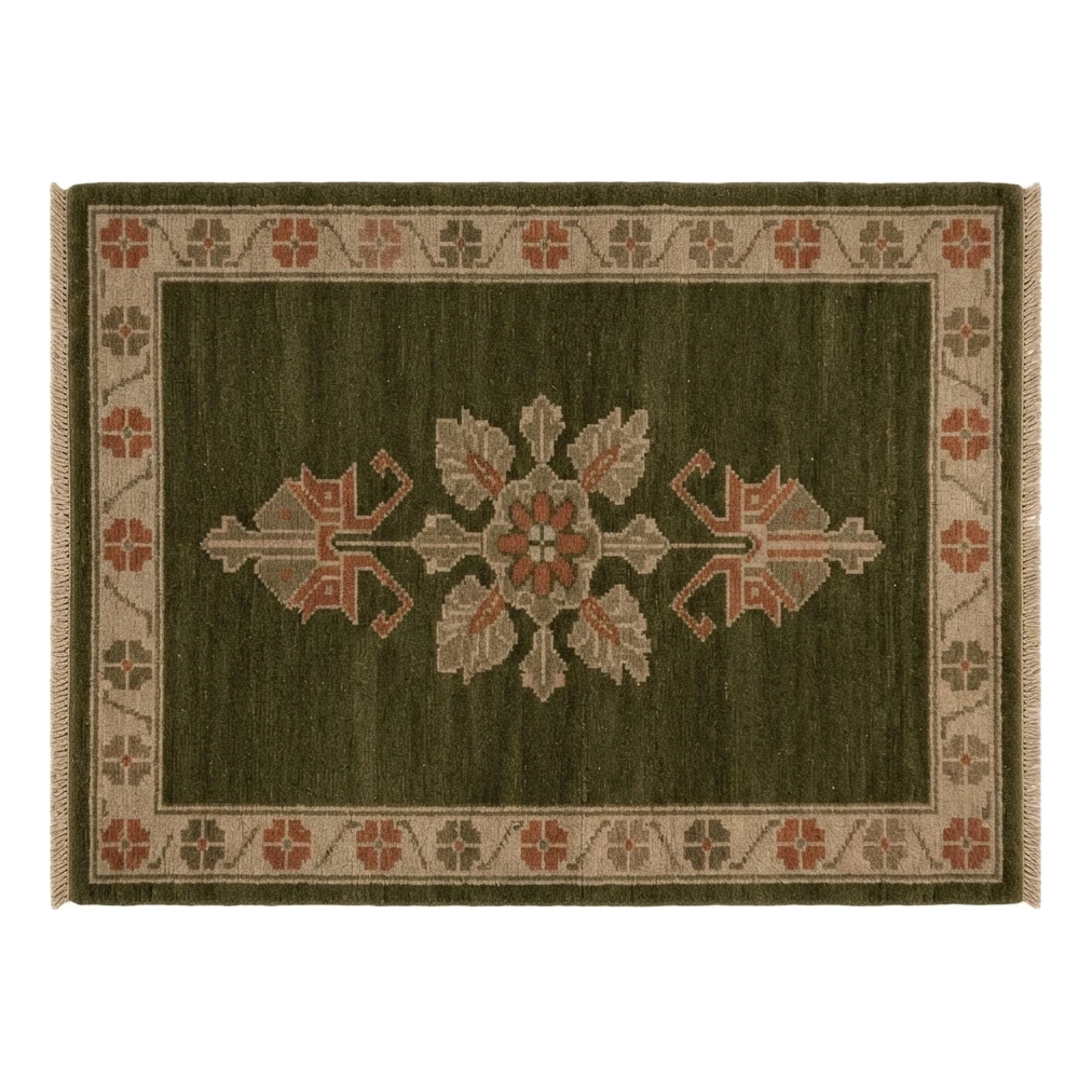 Olive Green Hand-Knotted Rug with Rust Floral Medallion