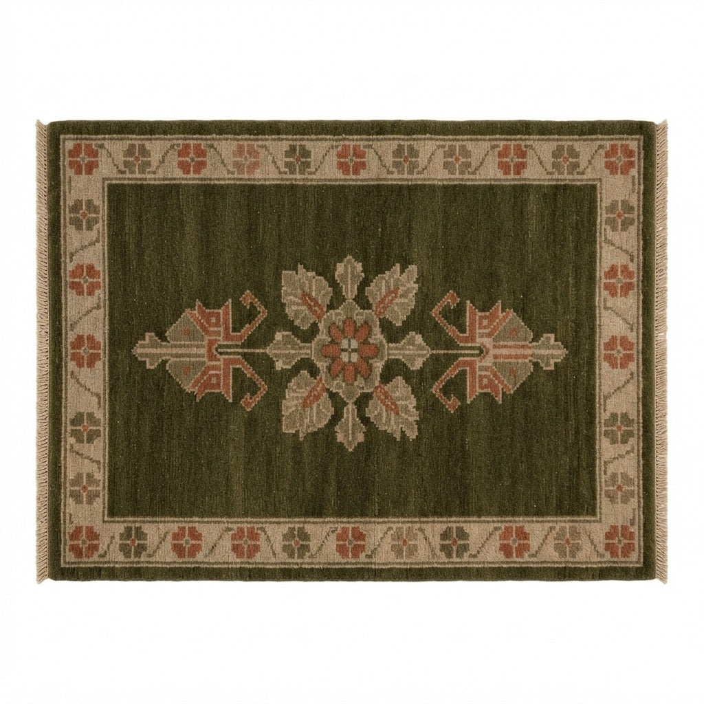 Olive Green Hand-Knotted Rug with Rust Floral Medallion - studio photo