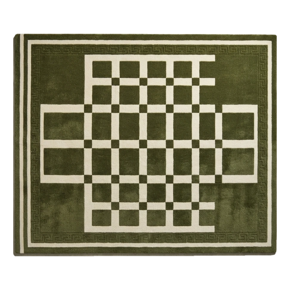 Olive Green Hand-Tufted Rug with Cream Checkerboard Cross - alternate view
