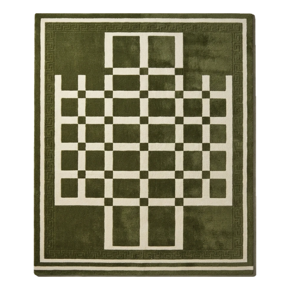 Olive Green Hand-Tufted Rug with Cream Checkerboard Cross