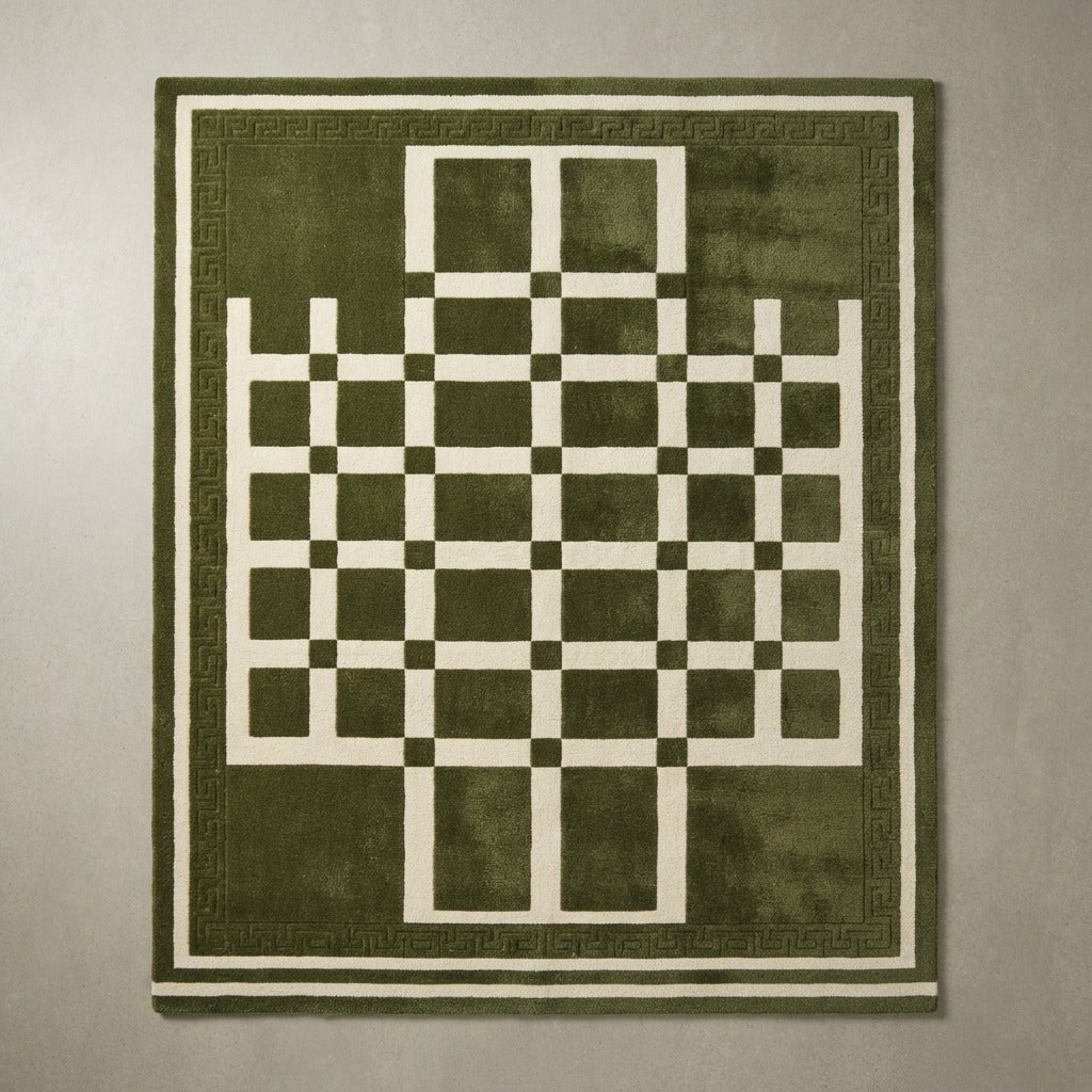 Olive Green Hand-Tufted Rug with Cream Checkerboard Cross - studio photo