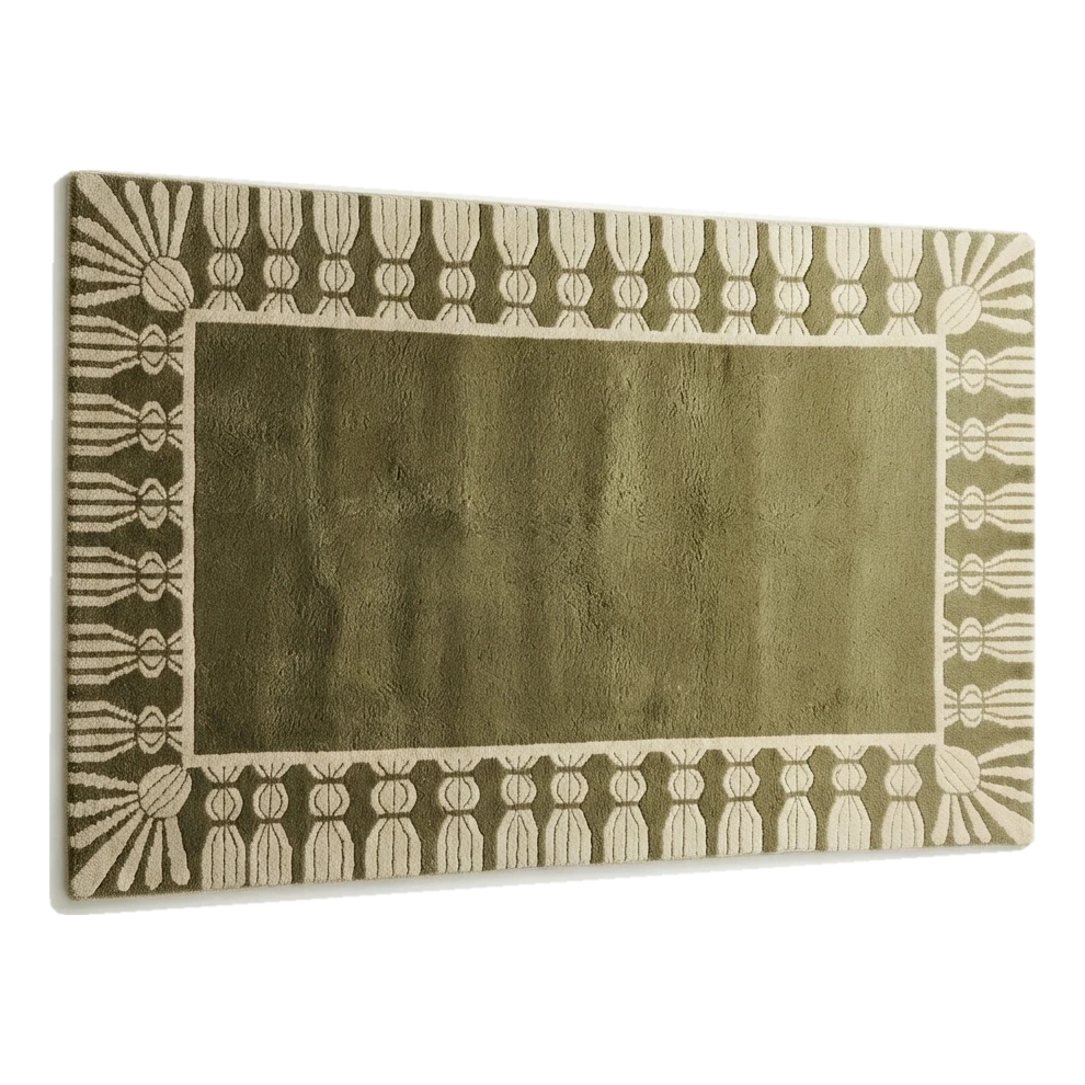 Olive Green Hand-Tufted Rug with Cream Fan Tassel Border - alternate view