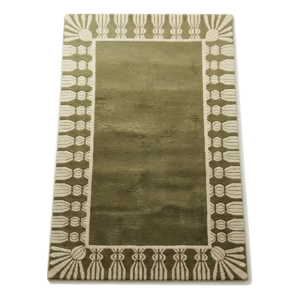 Olive Green Hand-Tufted Rug with Cream Fan Tassel Border