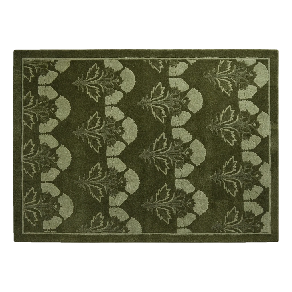 Olive Green Hand-Tufted Rug with Sage Poppy Scallop Rows - alternate view