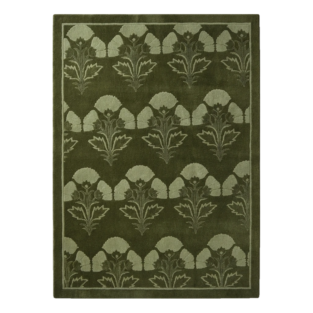 Olive Green Hand-Tufted Rug with Sage Poppy Scallop Rows