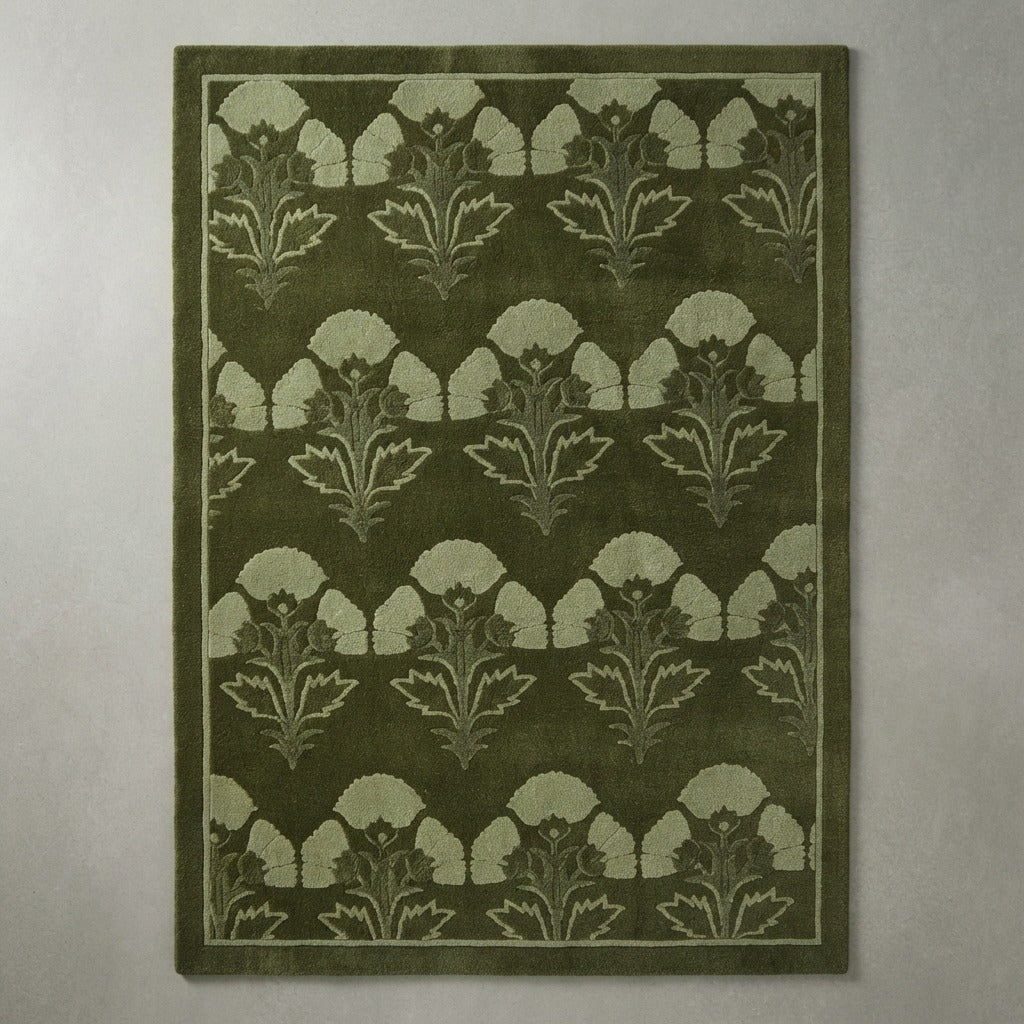 Olive Green Hand-Tufted Rug with Sage Poppy Scallop Rows - studio photo