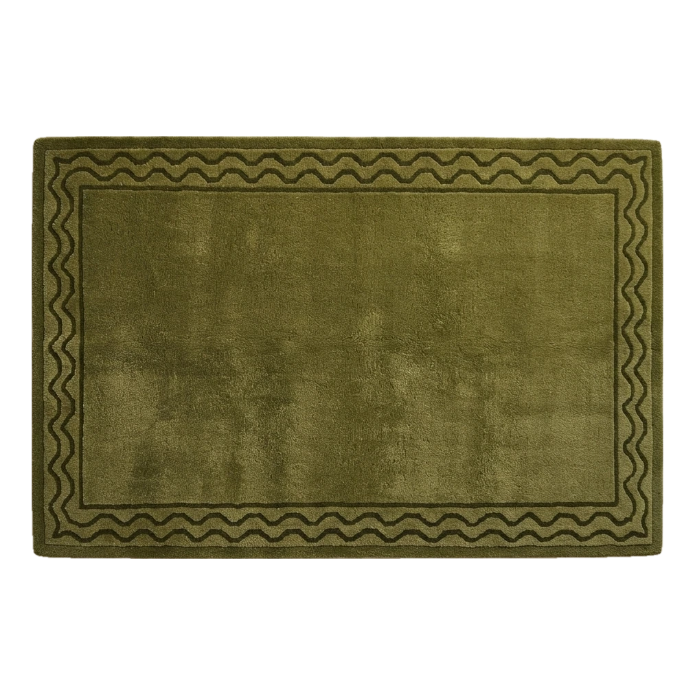 Olive Green Hand-Tufted Rug with Tonal Wave Border - alternate view